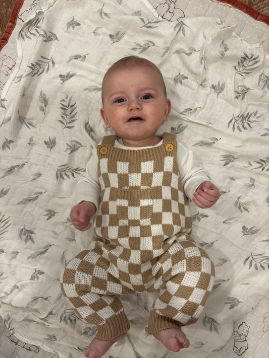 Checkered knit overalls
