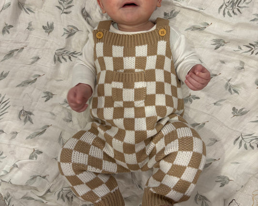 Checkered knit overalls
