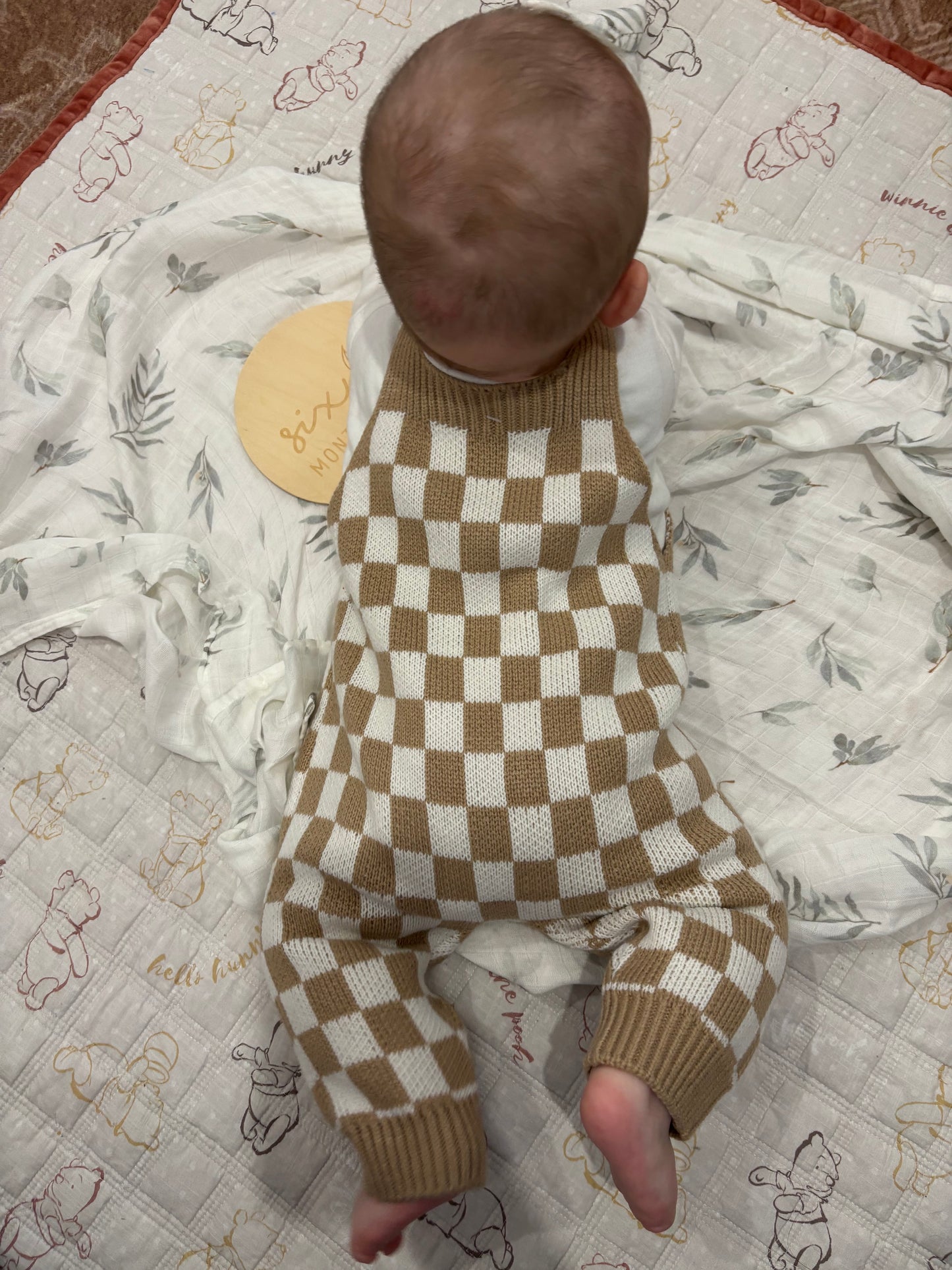 Checkered knit overalls