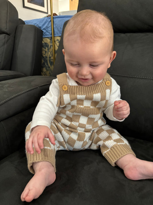 Checkered knit overalls